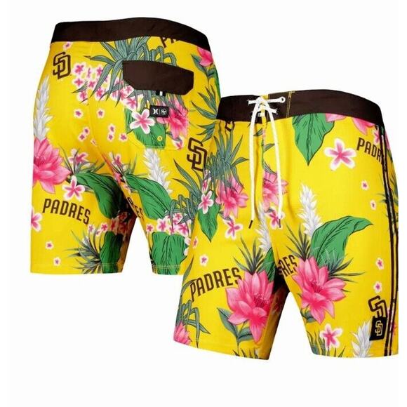 Hurley MLB Swim Trunks SAN DIEGO PADRES Mens Sz 36 Yellow Board Shorts Tropical - Picture 10 of 16
